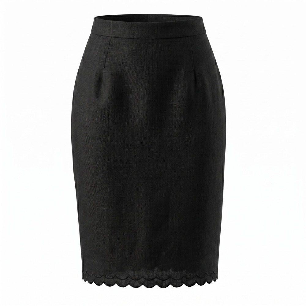 100% Linen Scalloped Hem‎ Pencil Skirt Black 10 Old Navy